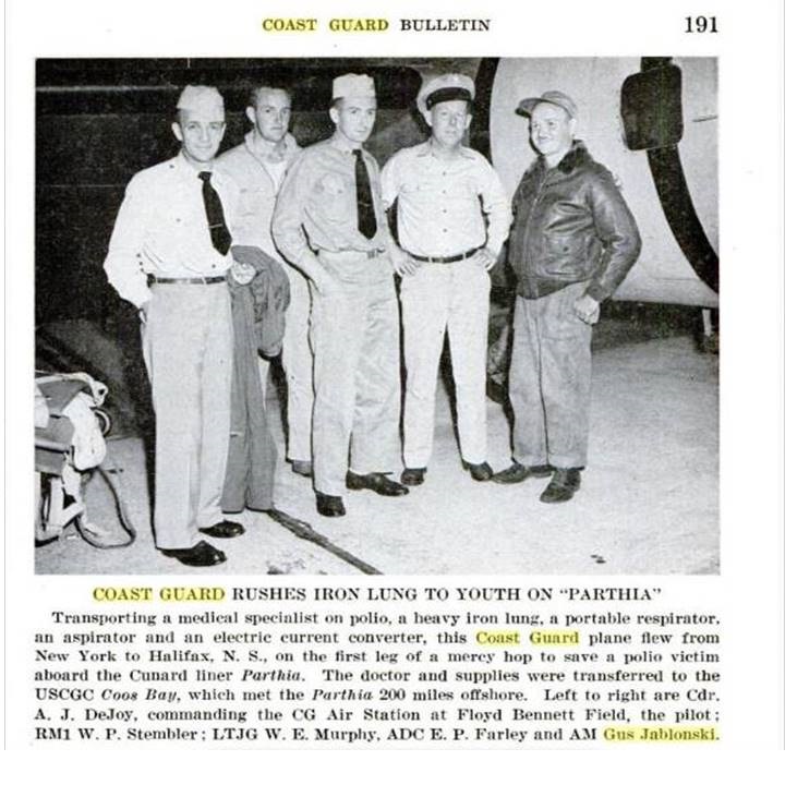 Air Station Brooklyn-based PB-1G aircrew for Parthia mission. AMM1 Gus Jablonski stands on the far right. (Commandant’s Bulletin, October 1949) Air Station Brooklyn-based PB-1G aircrew for Parthia mission. AMM1 Gus Jablonski stands on the far right. (Commandant’s Bulletin, October 1949)